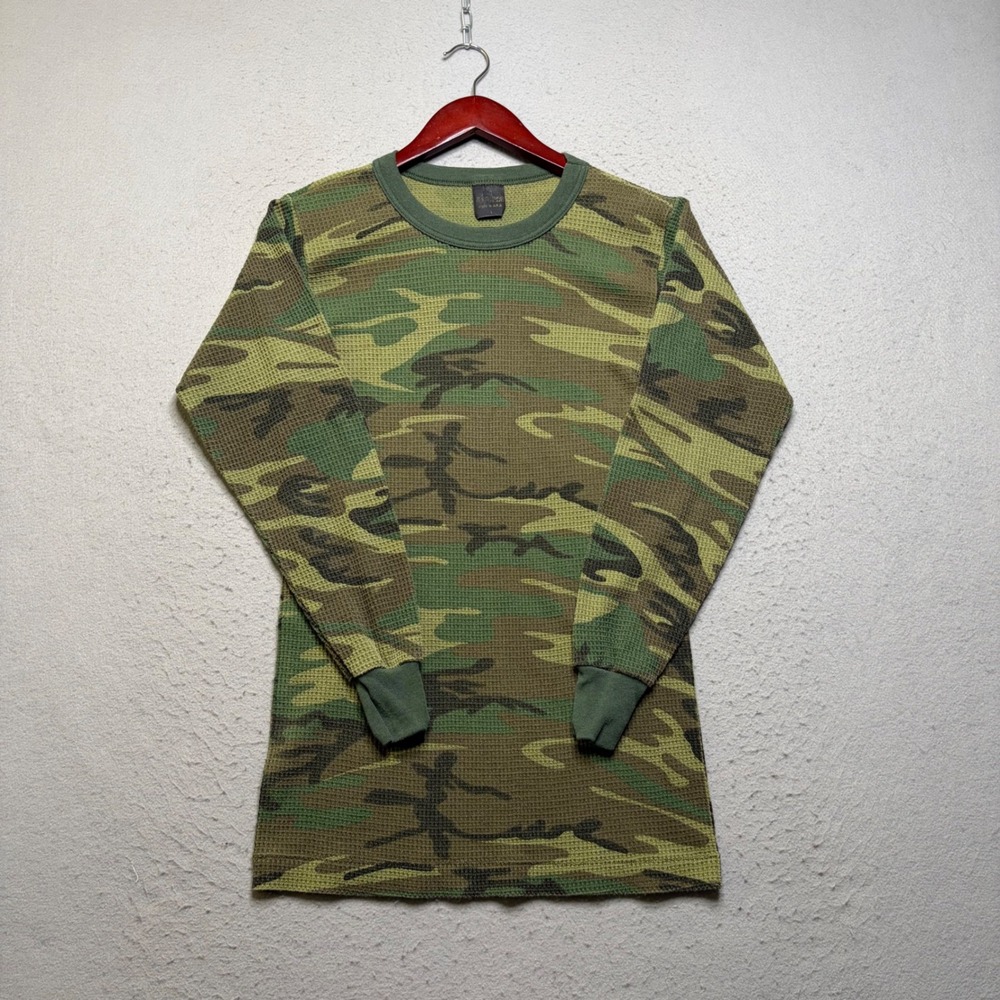 Vintage Thermal Shirt Mens Large Green Camo Waffle Knit Made in USA 90s Layering